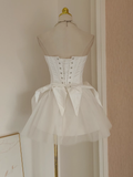 Niulatu A line Strapless White Travel Vacation Dresses Short Satin Birthday Dress SD148