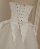 Niulatu A line Strapless White Travel Vacation Dresses Short Satin Birthday Dress SD148
