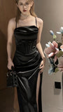Niulatu Satin Mermaid Maxi Dress Black Prom Dresses Evening Dress SD1493