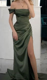 Niulatu Mermaid Off The Shoulder Green Long Evening Dress Satin Slit Prom Dresses SD1495