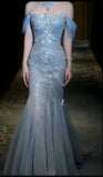 Niulatu Mermaid Off The Shoulder Blue Tulle Silver Beads Long Prom Dresses Formal Evening Dress SD1498