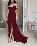Niulatu Mermaid Off The Shoulder Burgundy Slit Long Prom Dresses Formal Evening Dress SD1501
