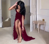 Niulatu Mermaid Off The Shoulder Burgundy Slit Long Prom Dresses Formal Evening Dress SD1501