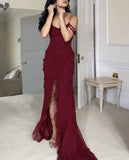 Niulatu Mermaid Off The Shoulder Burgundy Slit Long Prom Dresses Formal Evening Dress SD1501
