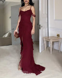 Niulatu Mermaid Off The Shoulder Burgundy Slit Long Prom Dresses Formal Evening Dress SD1501