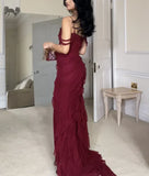 Niulatu Mermaid Off The Shoulder Burgundy Slit Long Prom Dresses Formal Evening Dress SD1501