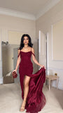 Niulatu Mermaid Off The Shoulder Burgundy Slit Long Prom Dresses Formal Evening Dress SD1501