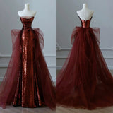 Niulatu Sheath Strapless Sequin Burgundy Long Party Dress Prom Dresses SD1502