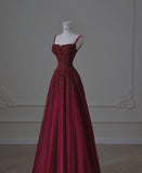Niulatu A line Straps Sequin Burgundy Long Party Dress Prom Dresses SD1503