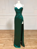 Niulatu Sheath Spaghetti Straps Red Satin Sleeveless Long Backless Prom Dresses SD1447