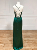 Niulatu Sheath Spaghetti Straps Red Satin Sleeveless Long Backless Prom Dresses SD1447