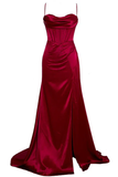 Niulatu Sheath Spaghetti Straps Red Satin Sleeveless Long Backless Prom Dresses SD1447
