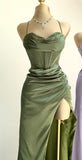 Niulatu Mermaid Spaghetti Straps Olive Green Long Evening Dress Backless Prom Dresses SD1505