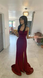 Niulatu Mermaid Spaghetti Straps Burgundy Long Evening Dress Satin Prom Dresses SD1507