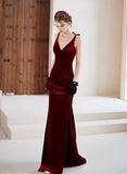 Niulatu Mermaid Straps Burgundy Long Evening Dress Velvet Prom Dresses SD1508