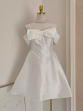 Niulatu A line Straps White Travel Vacation Dresses Short Satin Birthday Dress SD150