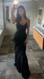 Niulatu Mermaid Straps Chiffon Black Backless Prom Dresses SD1510