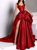 Niulatu Ball Gown Strapless Burgundy Long Slit Party Dress Prom Dresses SD1513