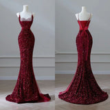 Niulatu Mermaid Spaghetti Straps Sequin Burgundy Long Prom Dresses SD1515