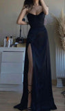 Niulatu A Line Spaghetti Straps Black Satin Slit Party Dress Long Prom Dresses SD1516