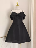 Niulatu A line Straps Black Travel Vacation Dresses Short Satin Birthday Dress SD151