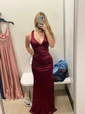 Niulatu Sheath Halter V Neckline Burgundy Satin Slit Party Dress Long Prom Dresses SD1520