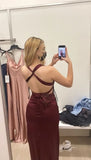 Niulatu Sheath Halter V Neckline Burgundy Satin Slit Party Dress Long Prom Dresses SD1520