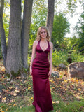 Niulatu Sheath Halter V Neckline Burgundy Satin Slit Party Dress Long Prom Dresses SD1520