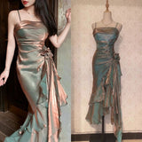Niulatu Mermaid Spaghetti Straps Satin Long Party Dress Prom Dresses SD1523