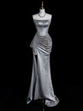 Niulatu Mermaid Strapless Sequin Night Party Dress Slit Long Prom Dresses SD1525