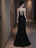Niulatu Mermaid Spaghetti Straps Sequin Black Long Prom Dresses SD1526
