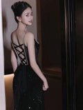 Niulatu Mermaid Spaghetti Straps Sequin Black Long Prom Dresses SD1526