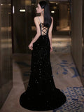 Niulatu Mermaid Spaghetti Straps Sequin Black Long Prom Dresses SD1526