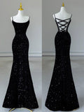 Niulatu Mermaid Spaghetti Straps Sequin Black Long Prom Dresses SD1526