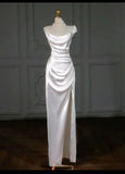 Niulatu White Mermaid Satin Strapless Pleats Wedding Dress SD1527