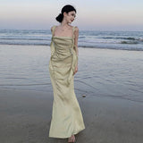 Niulatu Mermaid Spaghetti Straps Satin Night Party Dress Sage Green Long Prom Dresses SD1536