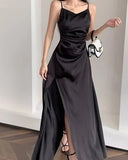 Niulatu Straps Black A Line Satin Long Prom Dresses With Slit SD1539