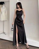 Niulatu Straps Black A Line Satin Long Prom Dresses With Slit SD1539