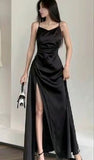 Niulatu Straps Black A Line Satin Long Prom Dresses With Slit SD1539