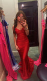 Niulatu Spaghetti Strap V-neck Sleeveless Mermaid Satin Long Prom Dresses With Trailing For Party SD1541
