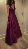 Niulatu Spaghetti Straps V-neck Sleeveless A Line Grape Satin Long Prom Dresses SD1542
