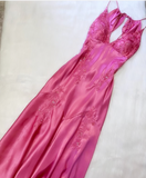 Niulatu Mermaid Spaghetti Straps Pink Satin Backless Long Evening Dress Prom Dresses SD1549