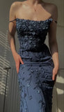 Niulatu Mermaid Spaghetti Straps Satin Navy Blue Floral Long Evening Dress Prom Dresses SD1551