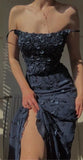 Niulatu Mermaid Spaghetti Straps Satin Navy Blue Floral Long Evening Dress Prom Dresses SD1551