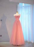 Niulatu A line Straps Pink Tulle Long Party Dress Prom Dresses SD1553
