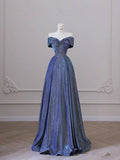 Niulatu A Line Off The Shoulder Sequin Blue Long Evening Dress Prom Dresses SD1555