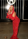 Niulatu Sheath V Neckline Red Sequin Long Prom Dresses Formal Evening Dress SD1409