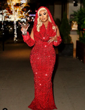 Niulatu Sheath V Neckline Red Sequin Long Prom Dresses Formal Evening Dress SD1409