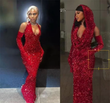 Niulatu Sheath V Neckline Red Sequin Long Prom Dresses Formal Evening Dress SD1409