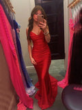 Niulatu Sexy Spaghetti Strap V-neck Sleeveless Mermaid Satin Long Prom Dresses With Trailing For Party SD1563